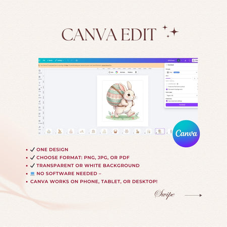 Canva editing software interface with a rabbit illustration, featuring Canva branding.