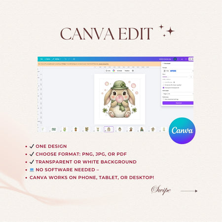 Canva editing software interface with a bunny illustration on a light pink background
