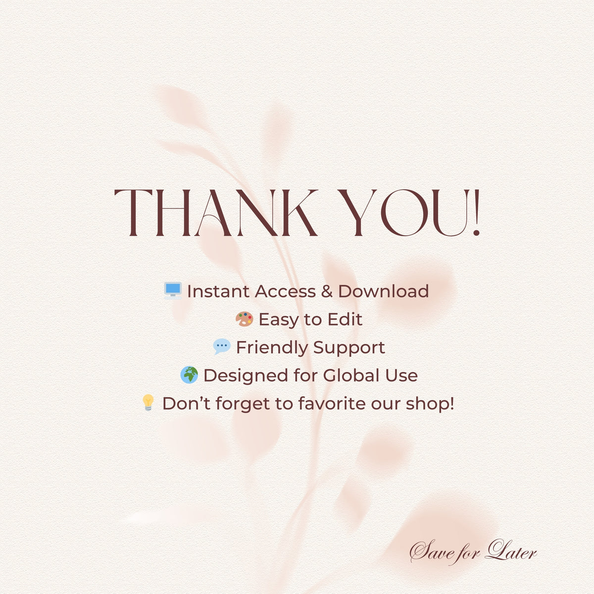 Thank you message with features listed on a light background