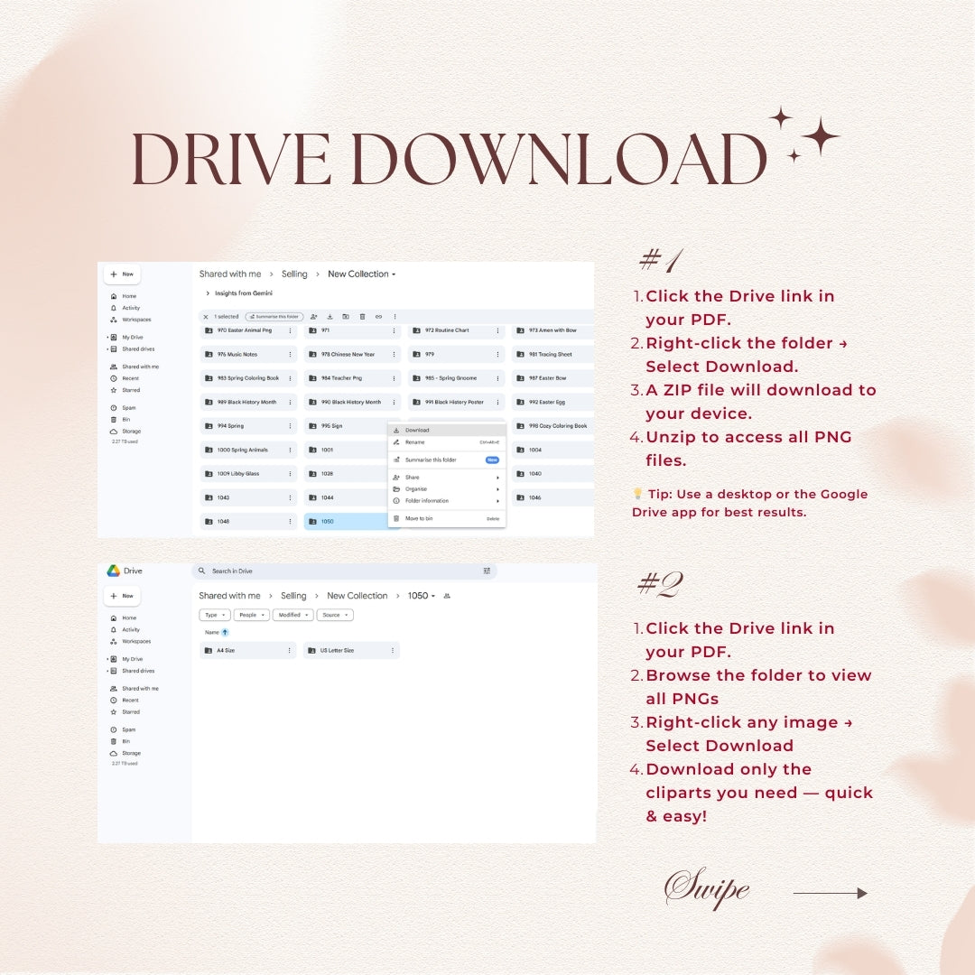Instructions for downloading files from a Drive on a white background with pink accents.