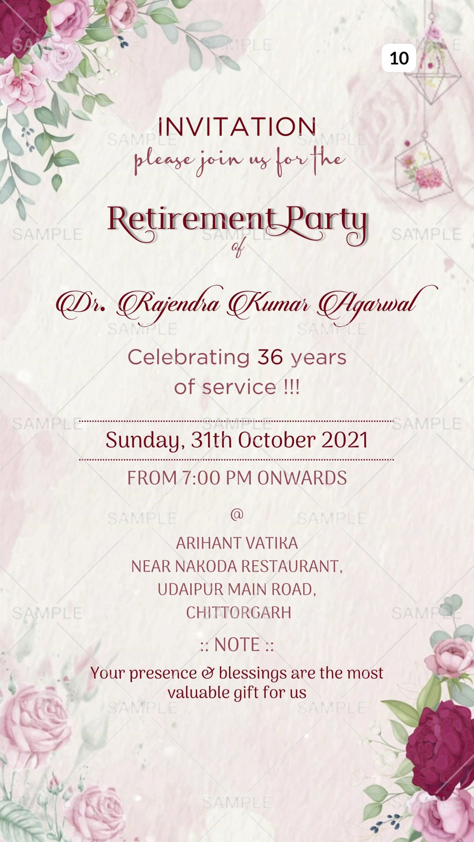 Retirement Party invitation card Canva Editable Template in english language with flowers as floral theme design 10