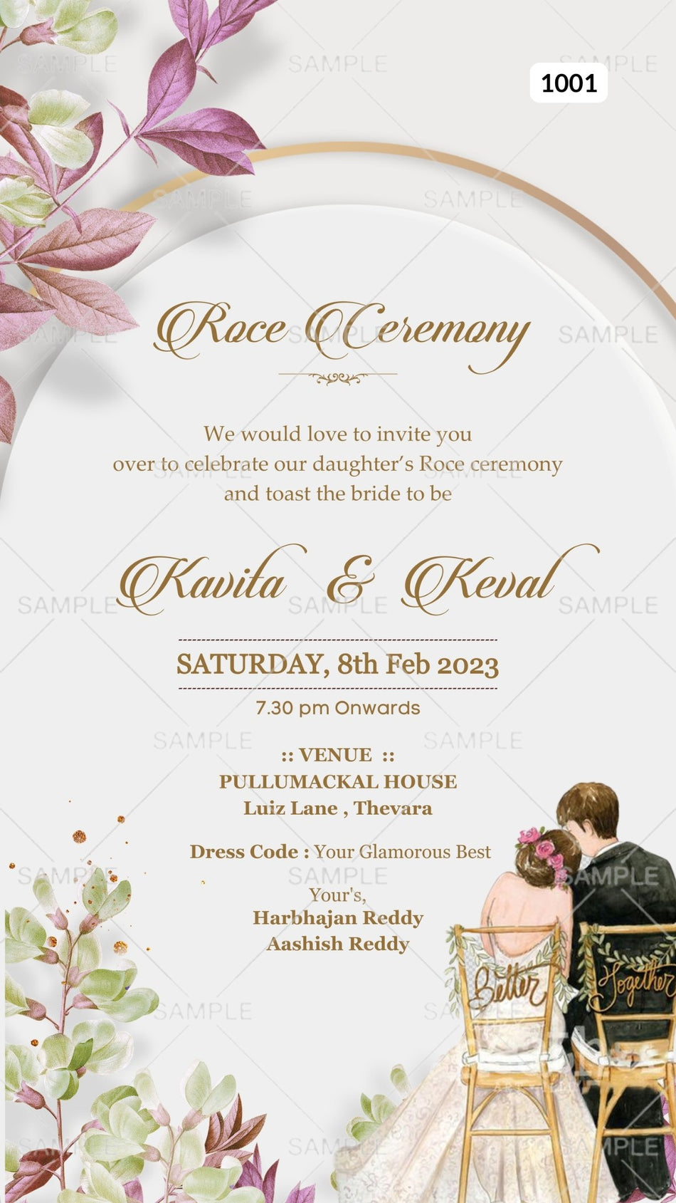 Roce ceremony invitation card Canva Editable Template in english language with leaves, romantic couple doodle as gate theme design 1001