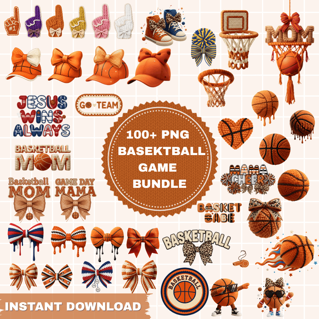 100FauxYarnBasketballPNGBundleCrochetStyleSportsArt
