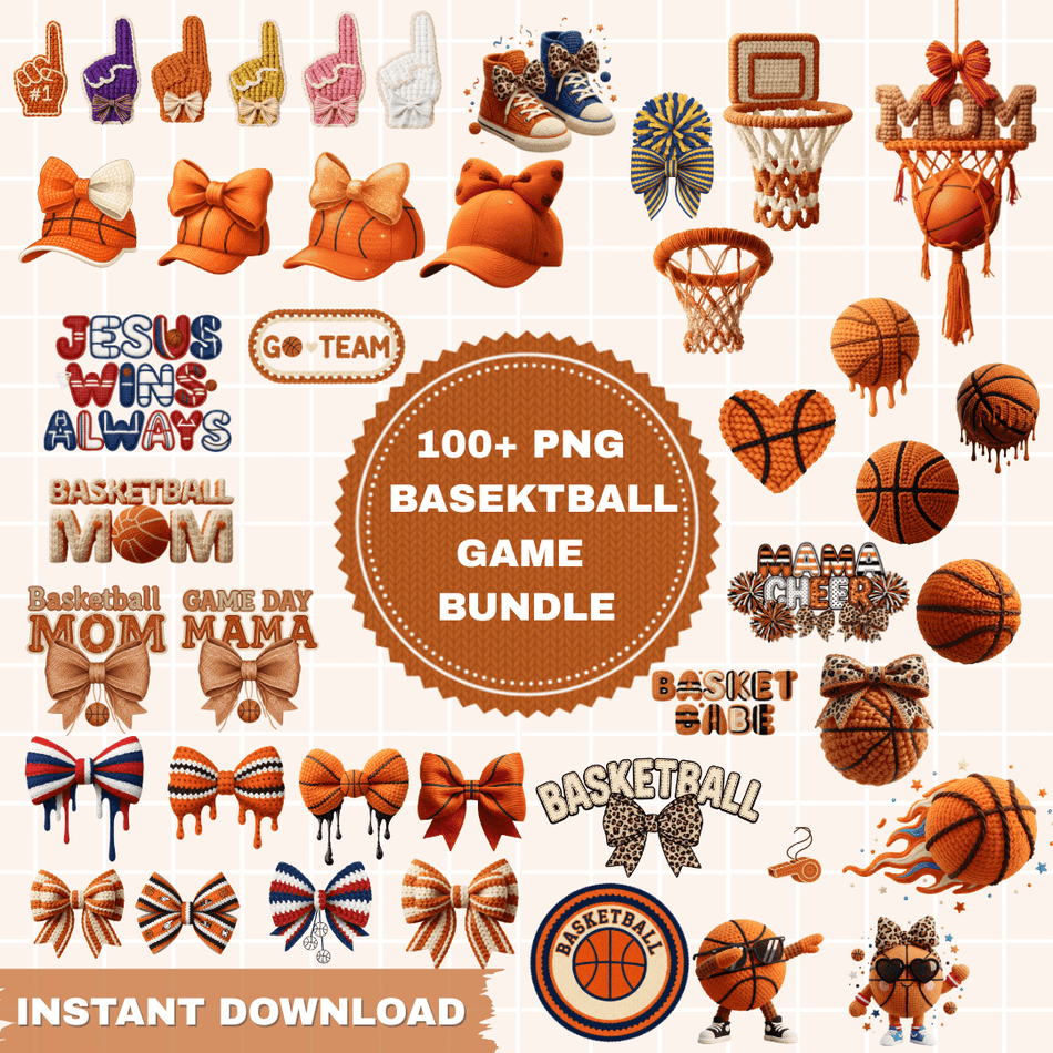 100FauxYarnBasketballPNGBundleCrochetStyleSportsArt