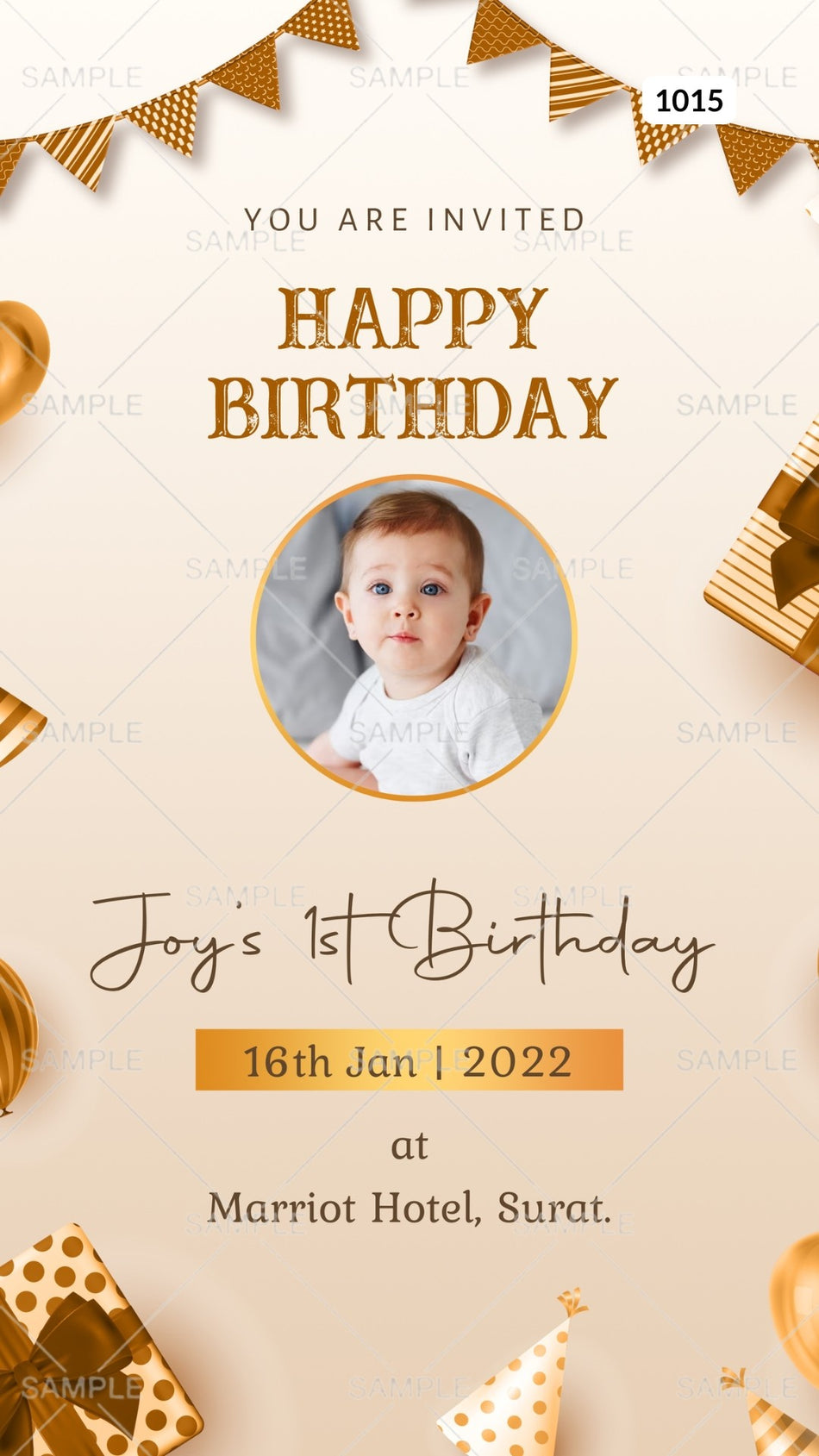 Birthday party invitation card Canva Editable Template in english language with golden balloon theme design 1015