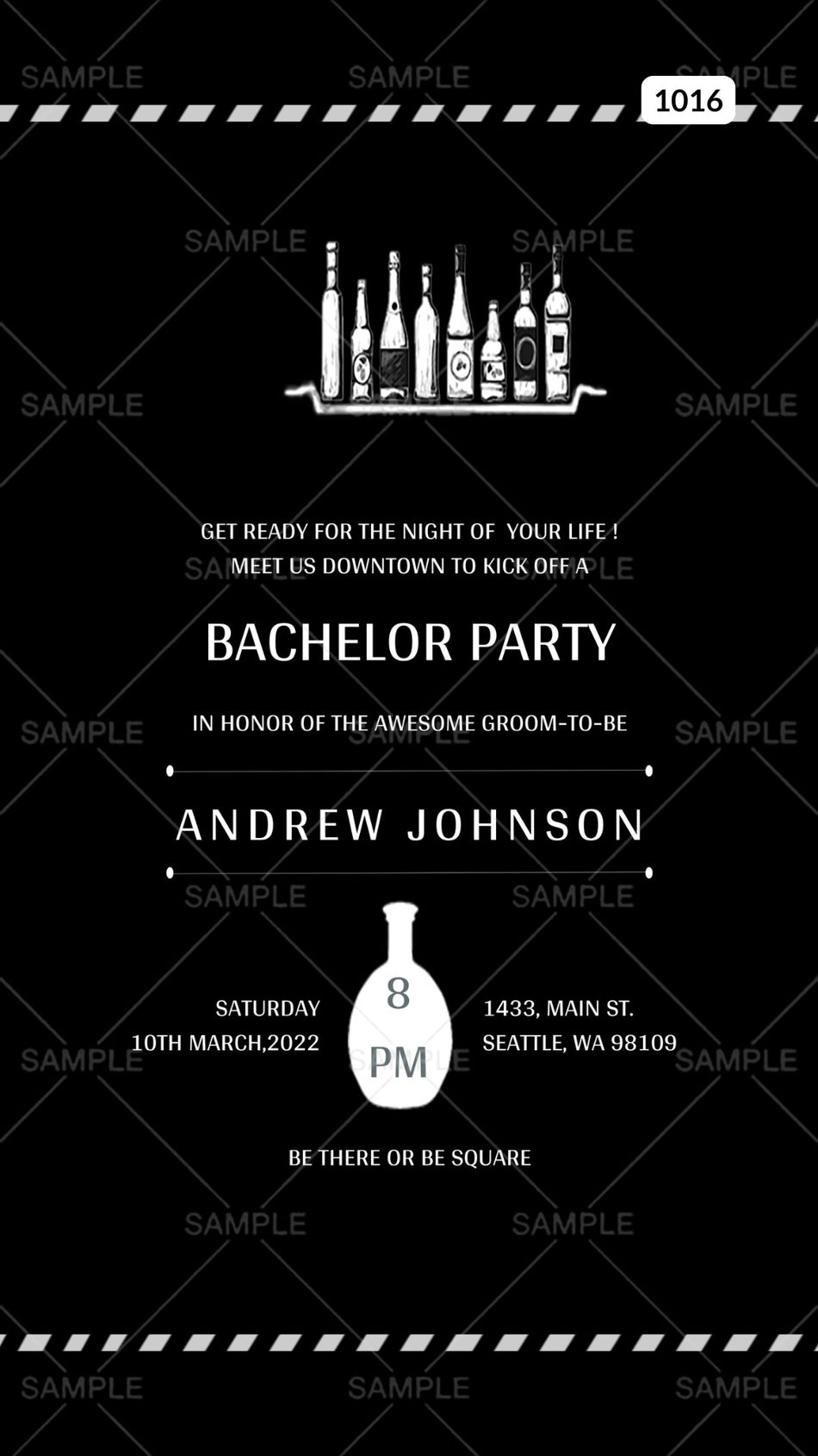 Bachelor Party invitation card Canva Editable Template in english language with boottle as minimalistic theme design 1016