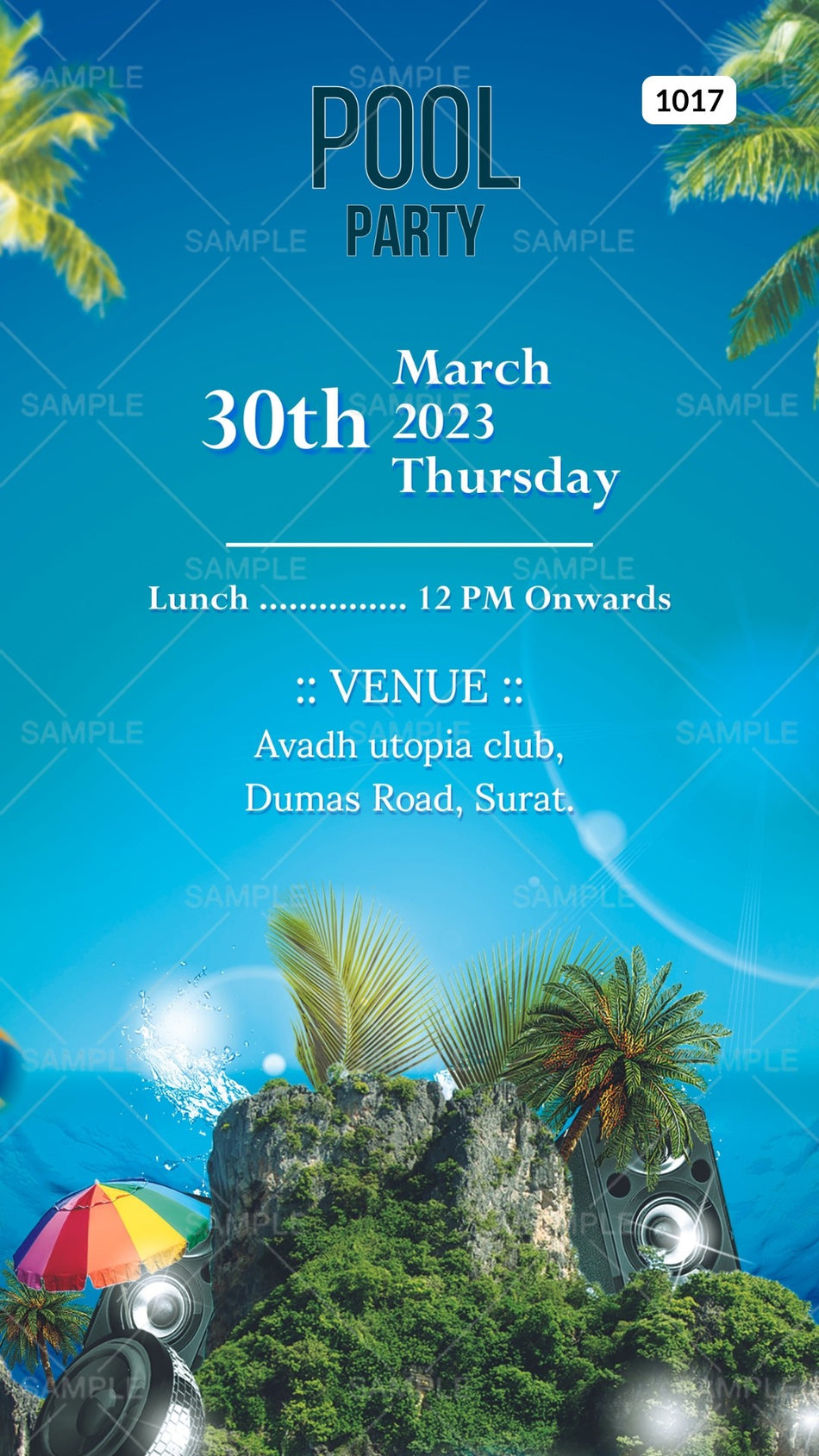 Pool Party invitation card Canva Editable Template in english language with nature as elegant theme design 1017