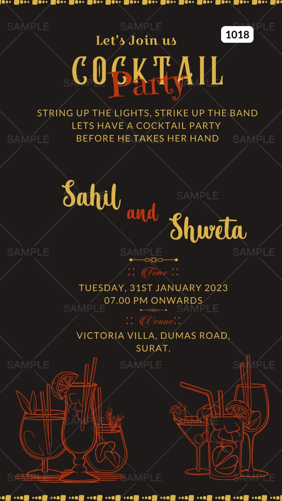 Cocktail Party invitation card Canva Editable Template in english language with  frame as vintage theme design 1018