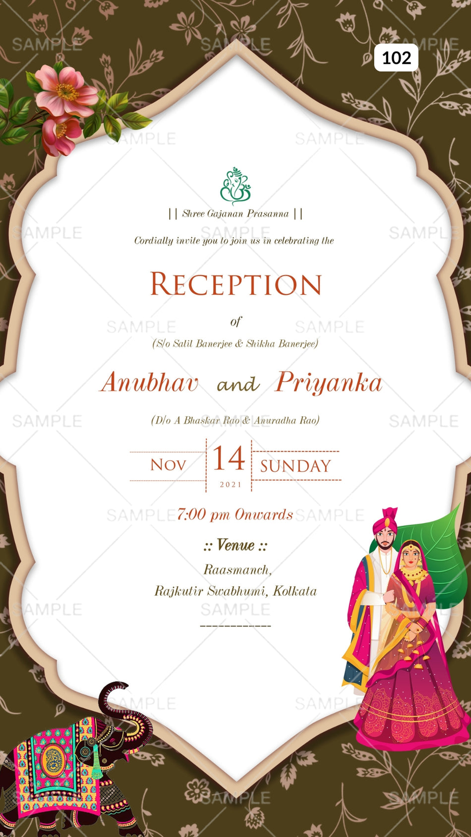 Reception Party invitation card Canva Editable Template in english language with elephant, couple doodle as traditional theme design 102