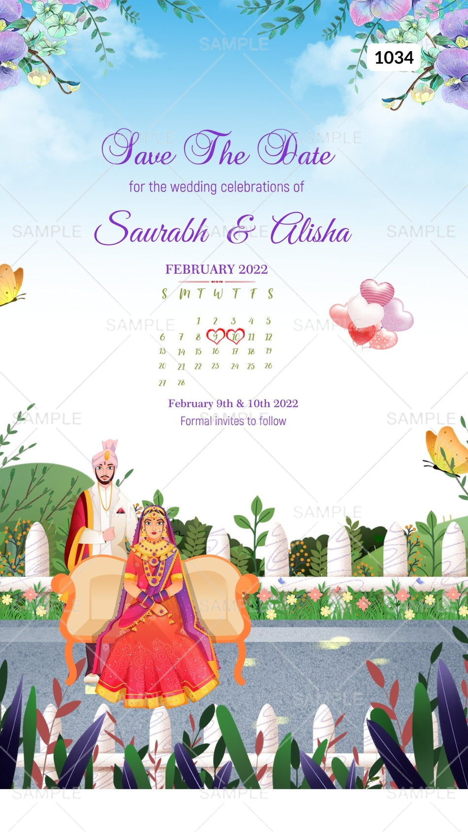 Save the Date card Canva Editable Template in english language with flowers, butterfly, couple doodle as Garden theme design 1034