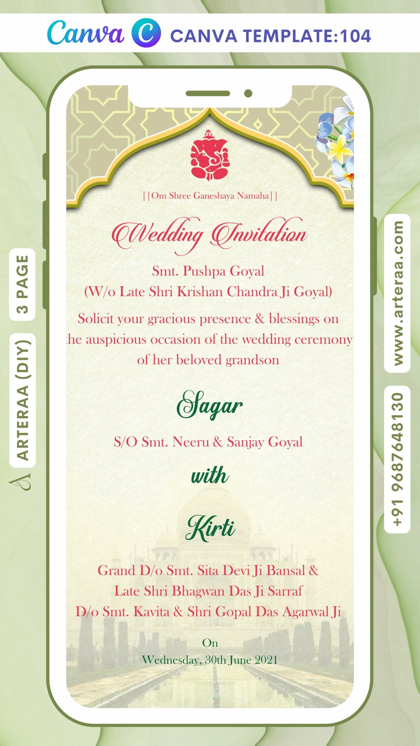 Wedding ceremony invitation Canva Editable video Template of hindu north indian bhojpuri family in English language with traditional arch theme design 104