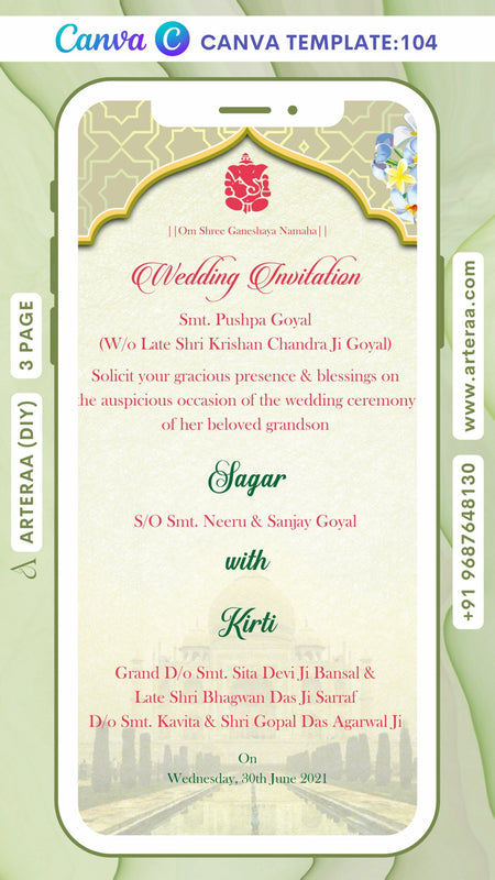 Wedding ceremony invitation Canva Editable video Template of hindu north indian bhojpuri family in English language with traditional arch theme design 104