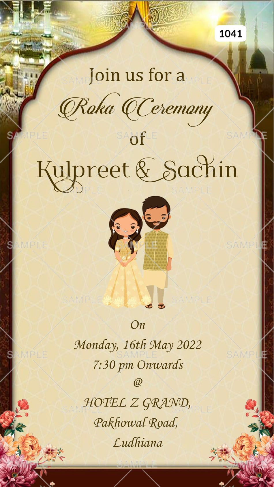 Roka ceremony invitation card Canva Editable Template in Punjabi family in english language with adorable couple doodle as arch theme design 1041