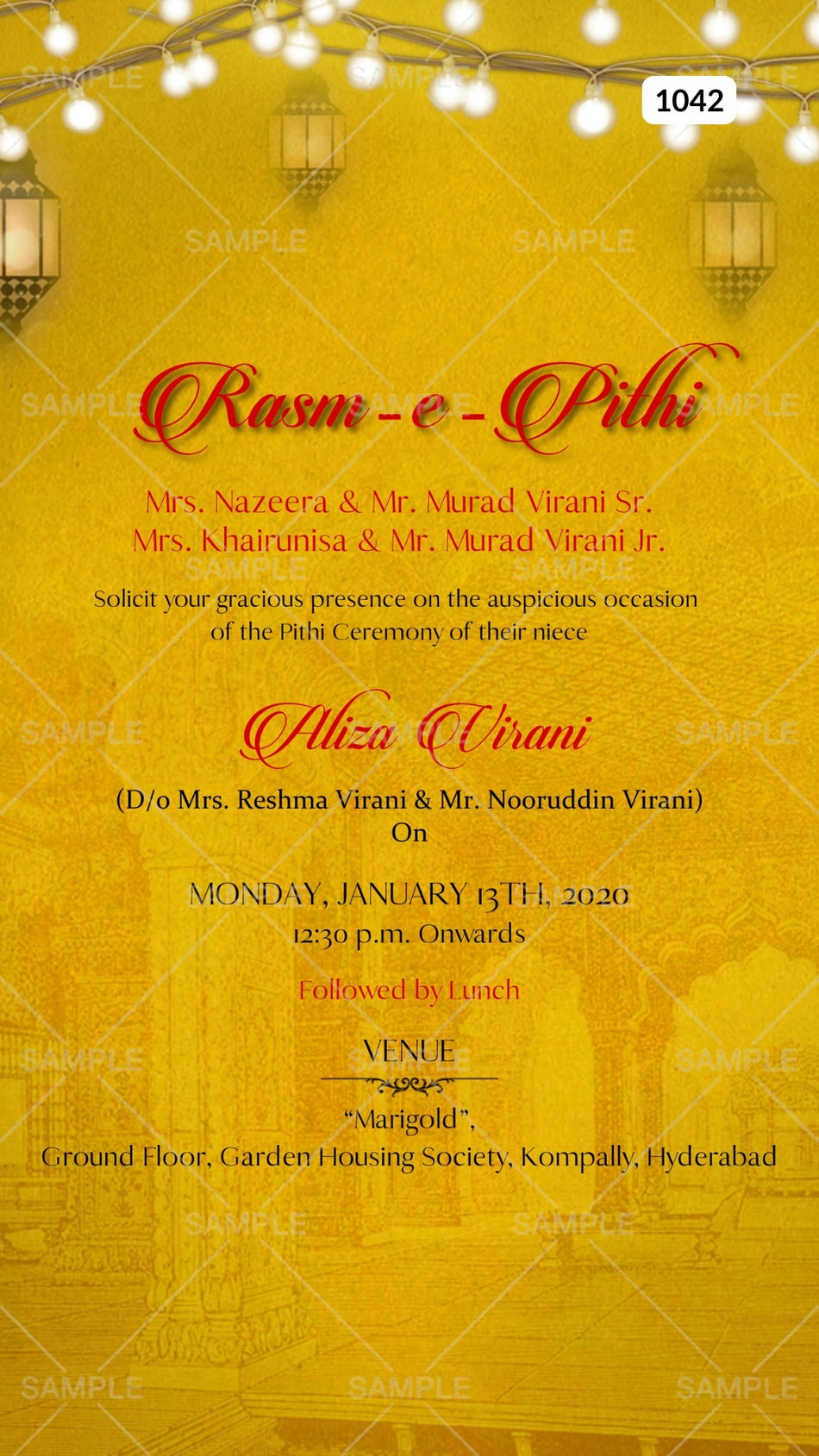 Haldi ceremony invitation card Canva Editable Template in english language with string lights as vintage theme design 1042