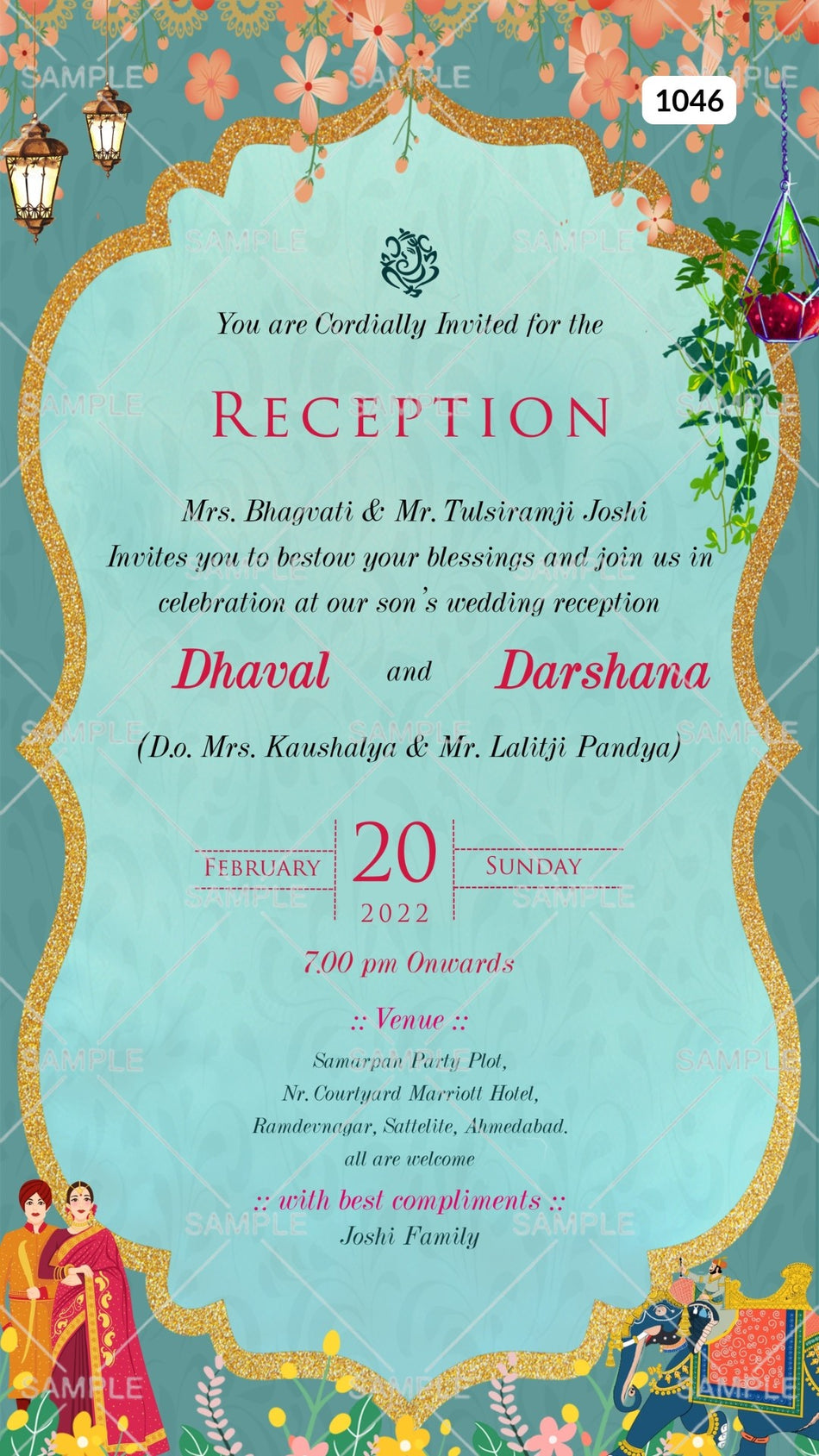 Reception Party invitation card Canva Editable Template in english language with elephant, couple doodle as traditional theme design 1046