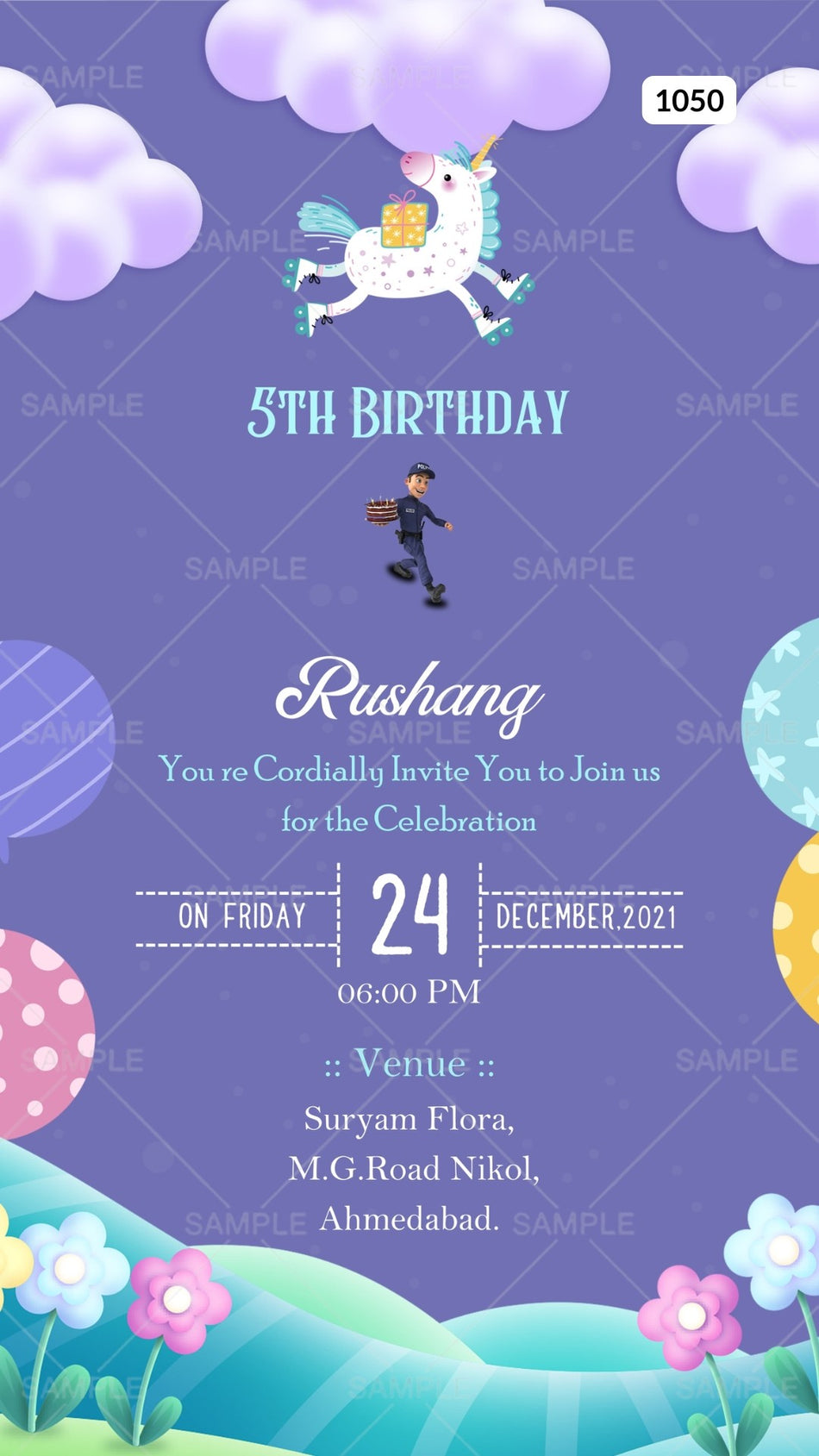 Birthday party invitation card Canva Editable Template in English language with garden theme design 1050