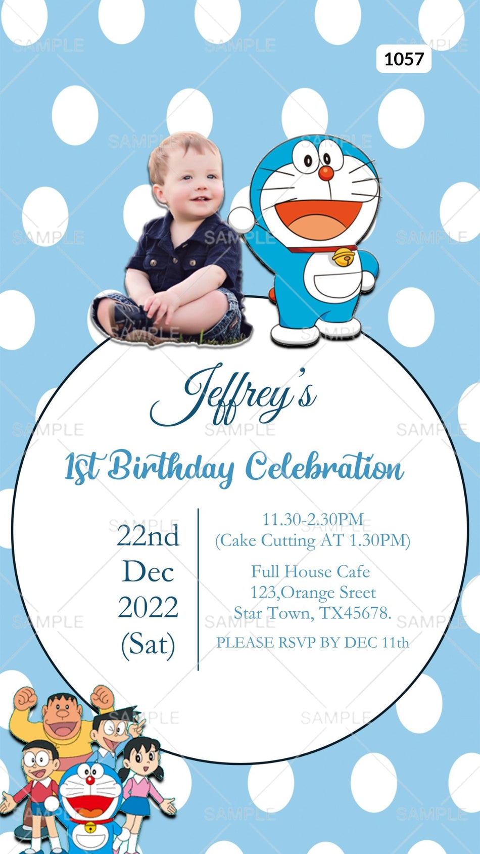 Birthday party invitation card Canva Editable Template in english language with doraemon theme design 1057