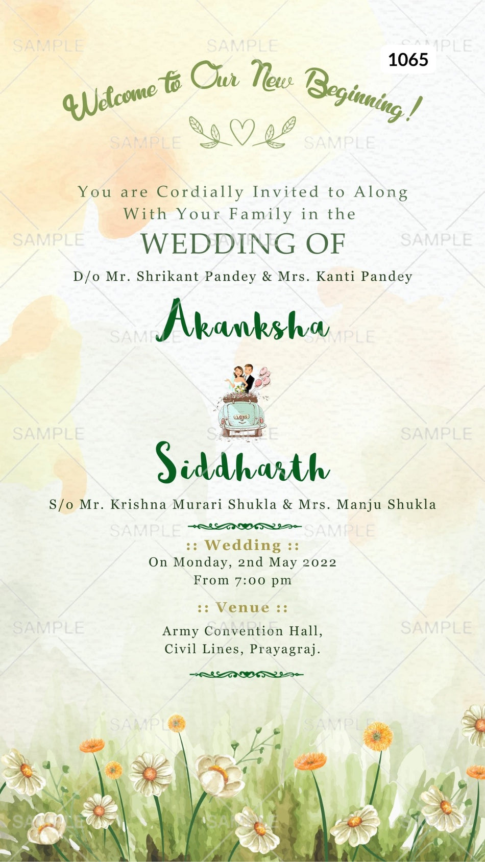 Wedding ceremony invitation card Canva Editable Template a of hindu north indian bhojpuri family in english language with  garden theme design 1065