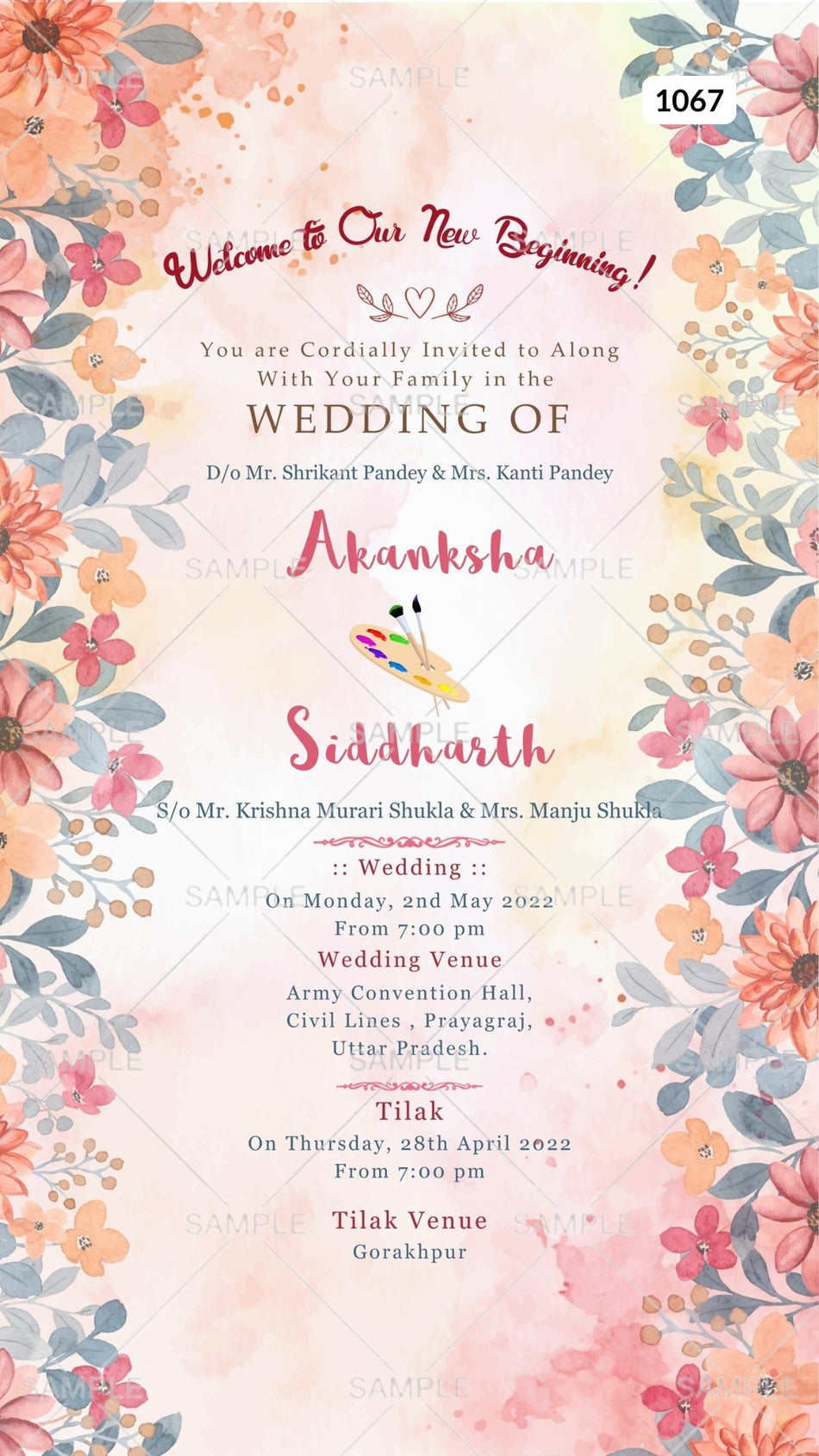 Wedding ceremony invitation card Canva Editable Template of hindu north indian bhojpuri family in english language with  Artistic flowers theme design 1067