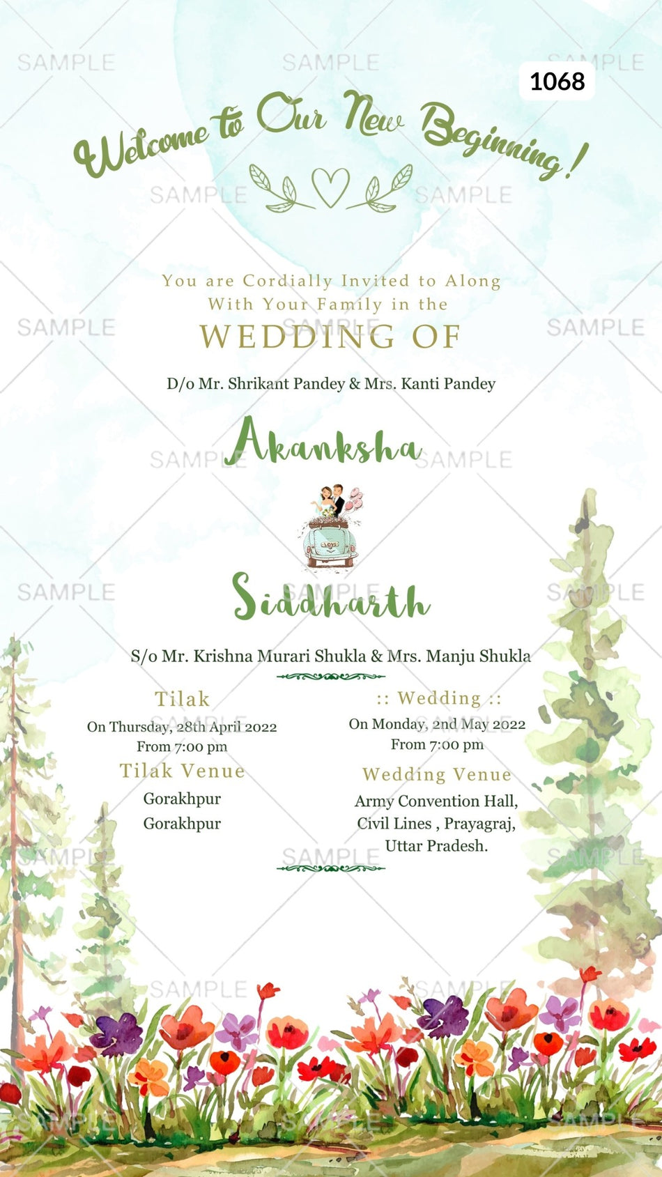 Wedding ceremony invitation card Canva Editable Template of hindu north indian bhojpuri family in english language with  Garden theme design 1068