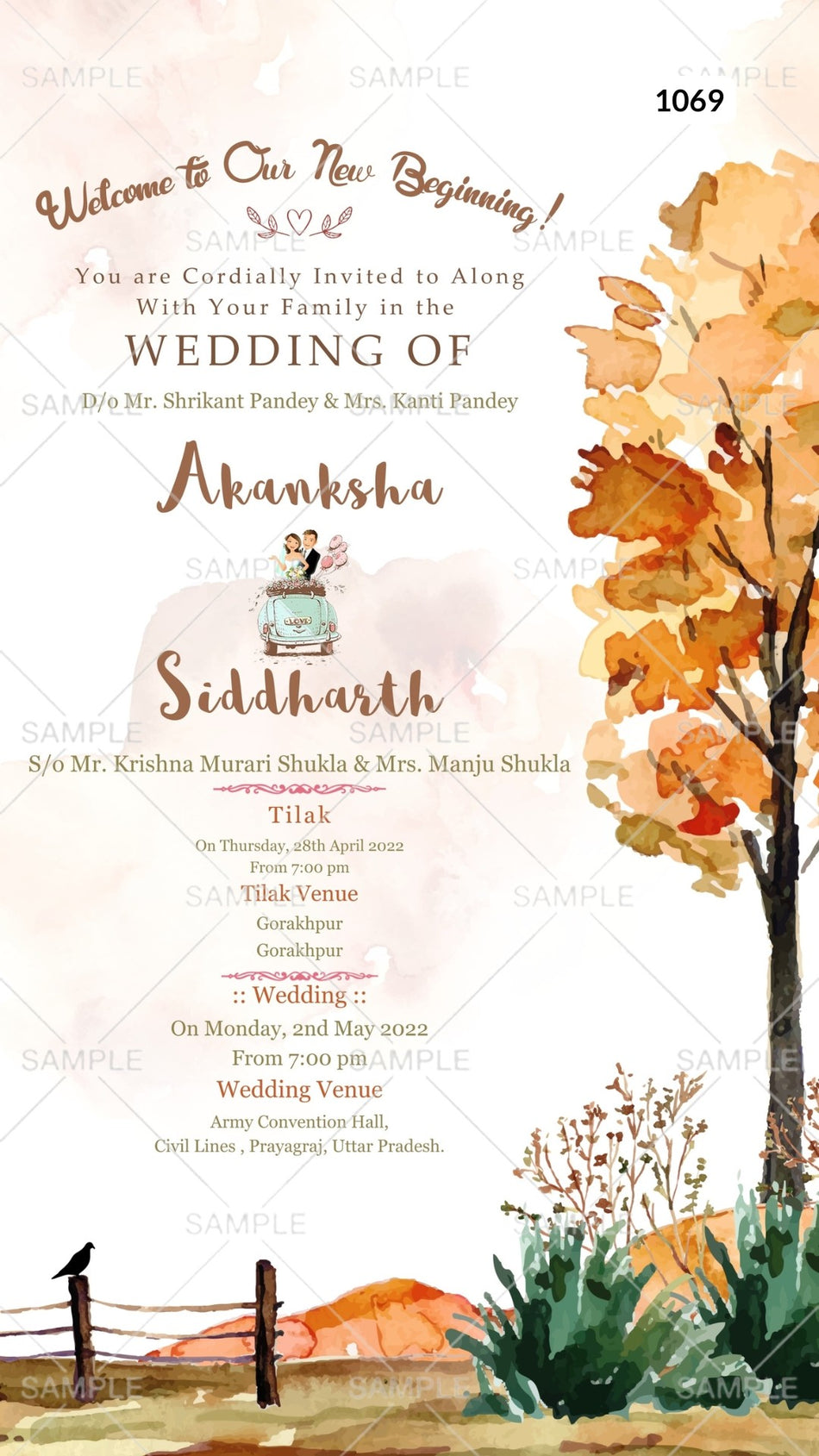 Wedding ceremony invitation card Canva Editable Template of hindu north indian bhojpuri family in english language with  Garden theme design 1069