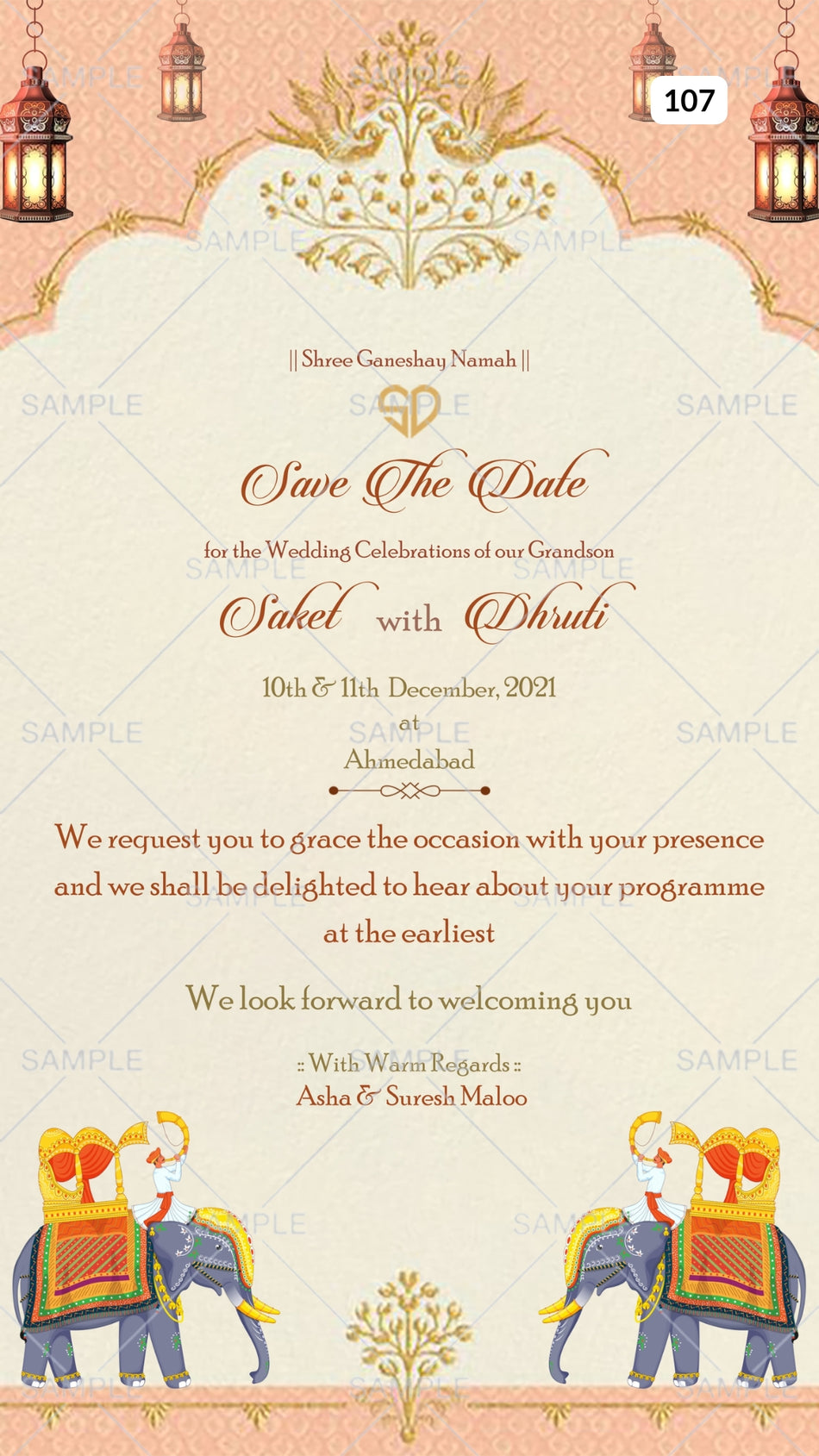 Wedding ceremony invitation card Canva Editable Template of hindu gujarati patel family in english language with Traditional Arch theme design 107