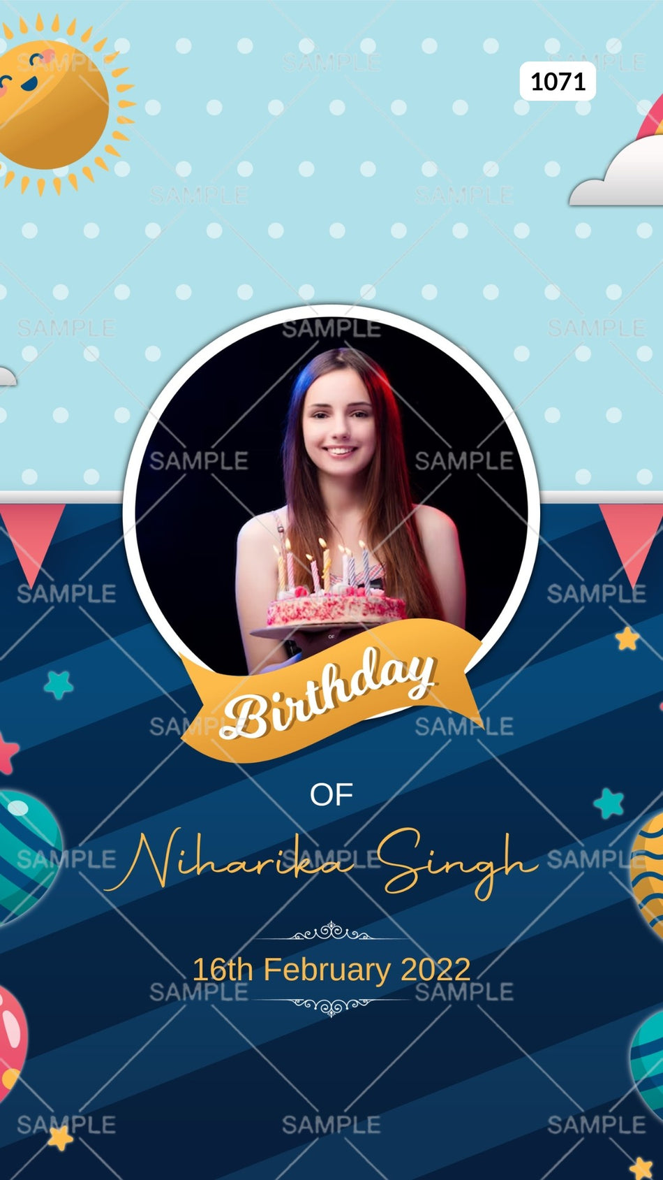 Birthday party invitation card Canva Editable Template in english language with balloons theme design 1071