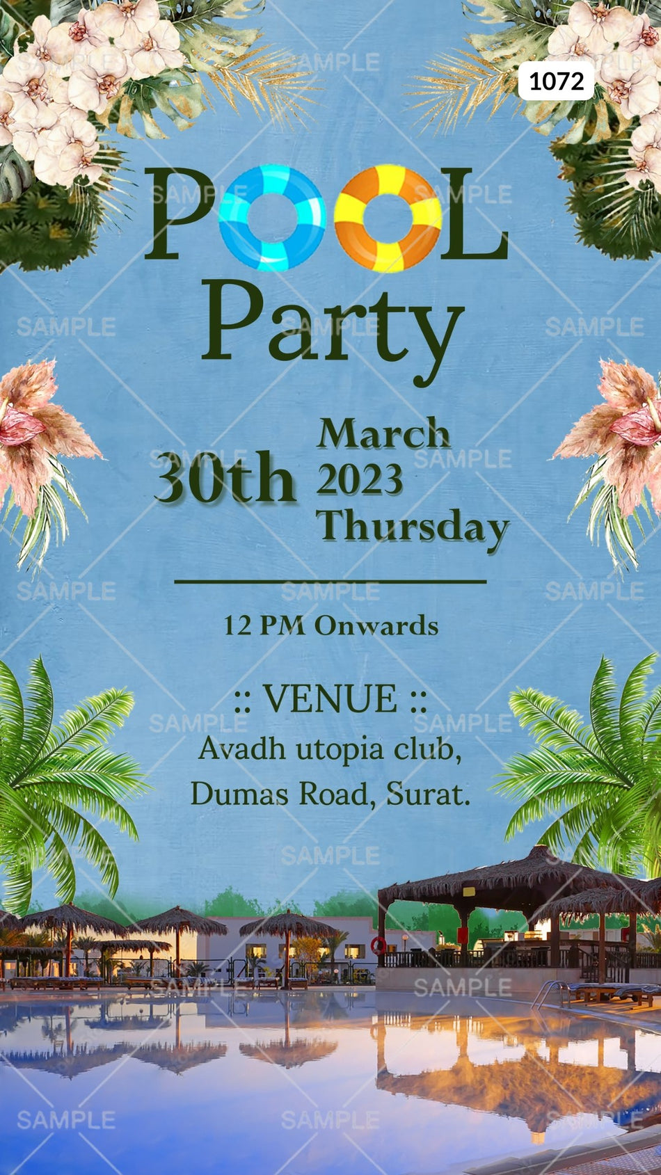 Pool Party invitation card Canva Editable Template in english language with flowers, leaves as floral theme design 1072