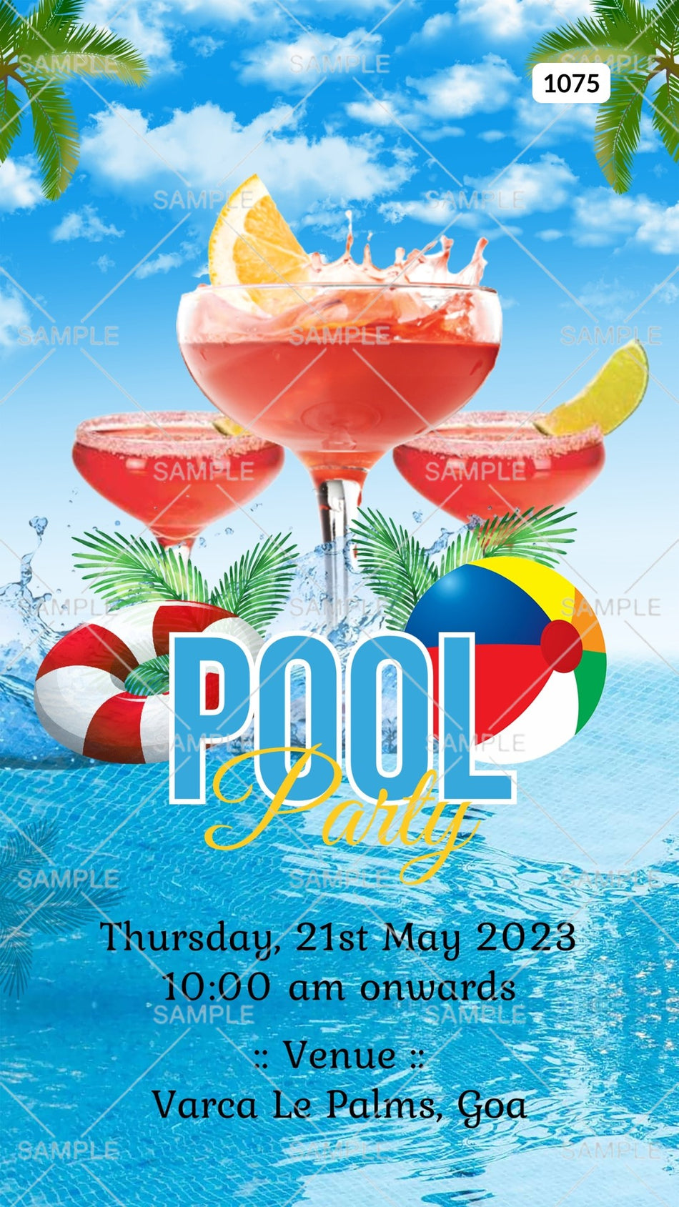 Pool Party invitation card Canva Editable Template in english language with leaves, swimming tube as elegant theme design 1075