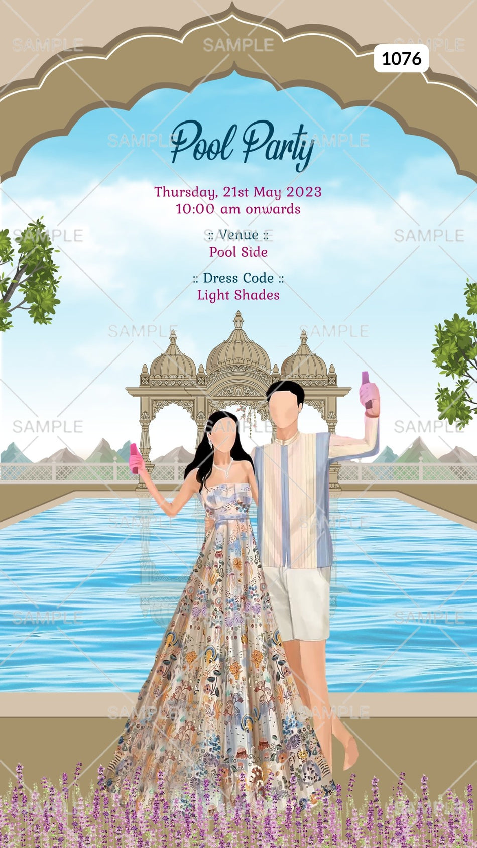 Pool Party invitation card Canva Editable Template in english language with couple doodle as arch theme design 1076