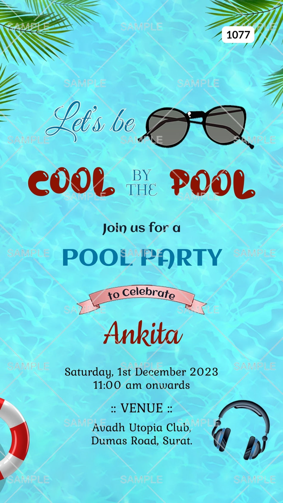Pool Party invitation card Canva Editable Template in english language with green leaves, swimming tube as elegant theme design 1077