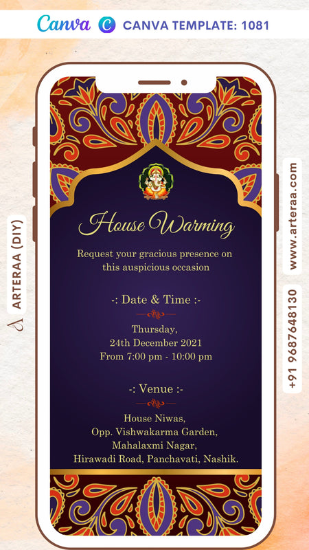 House Warming ceremony invitation card Canva Editable Template in english language with ganesha logo, frame as Arch theme design 1081