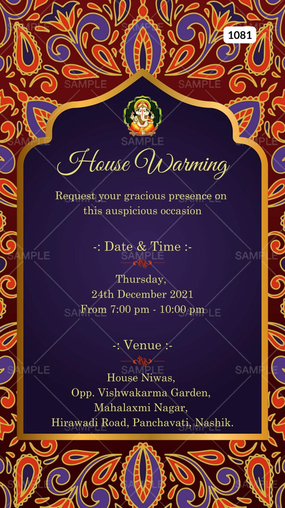 House Warming ceremony invitation card Canva Editable Template in english language with ganesha logo, frame as Arch theme design 1081