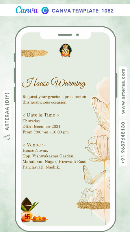 House Warming ceremony invitation card Canva Editable Template in english language with kalash as golden flowers theme design 1082