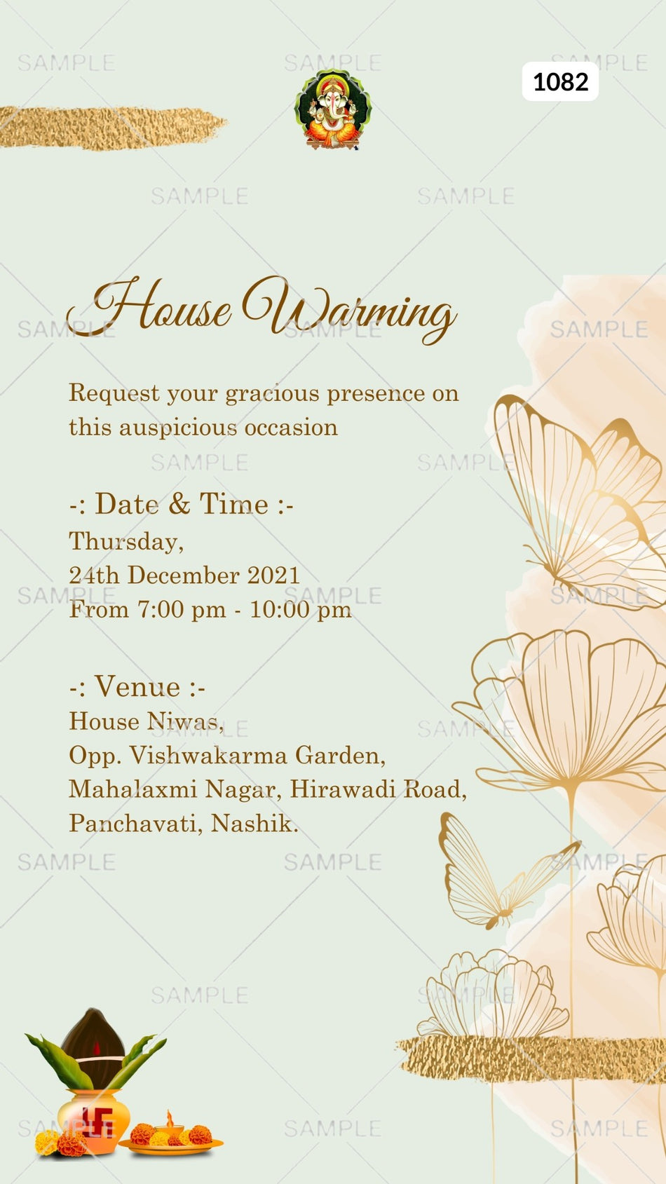 House Warming ceremony invitation card Canva Editable Template in english language with kalash as golden flowers theme design 1082