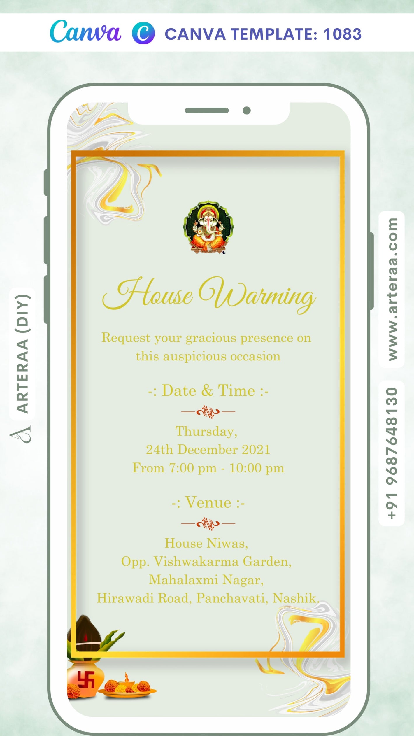 House Warming ceremony invitation card Canva Editable Template in english language with kalash, ganesha logo as golden frame theme design 1083