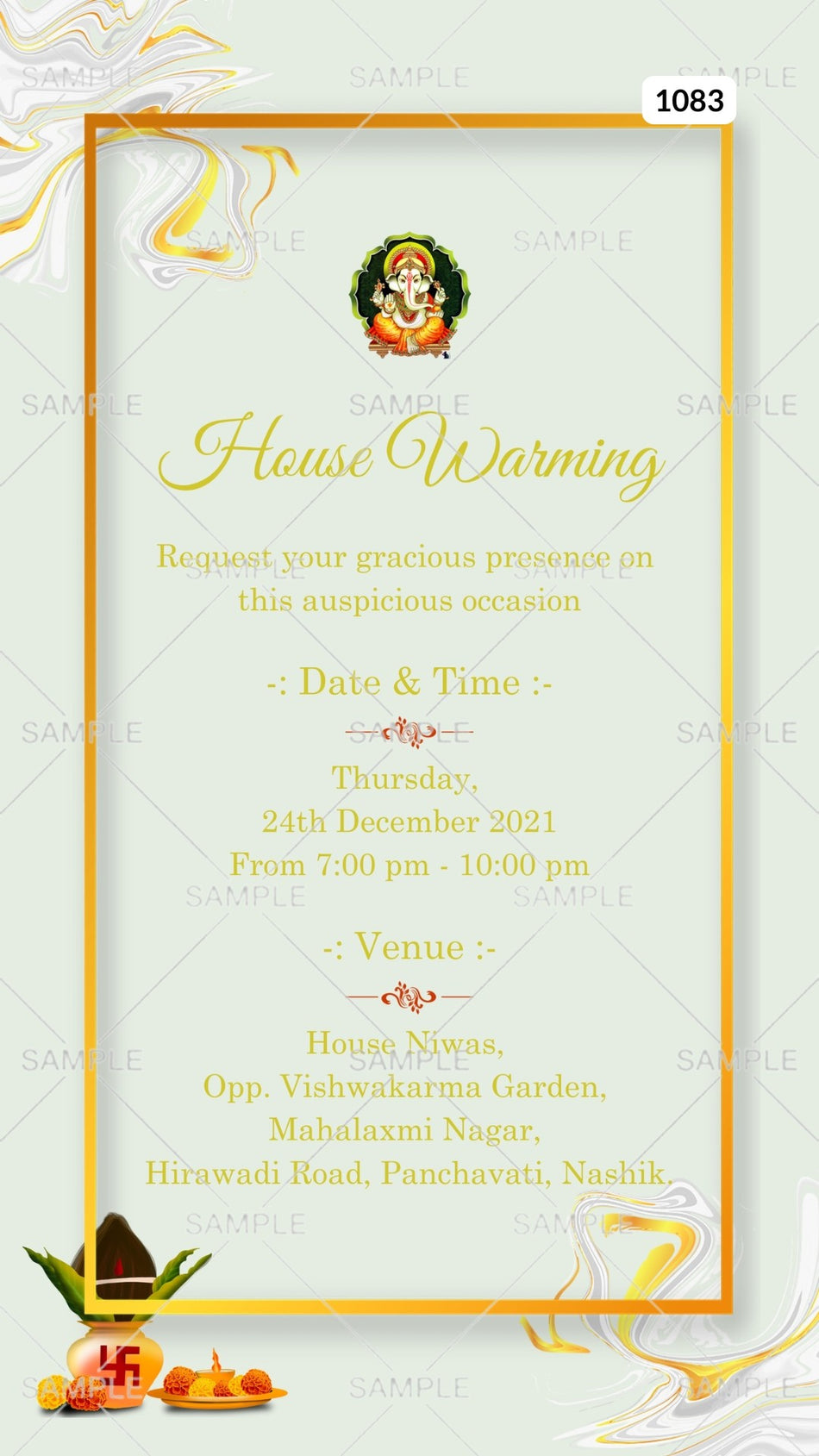 House Warming ceremony invitation card Canva Editable Template in english language with kalash, ganesha logo as golden frame theme design 1083