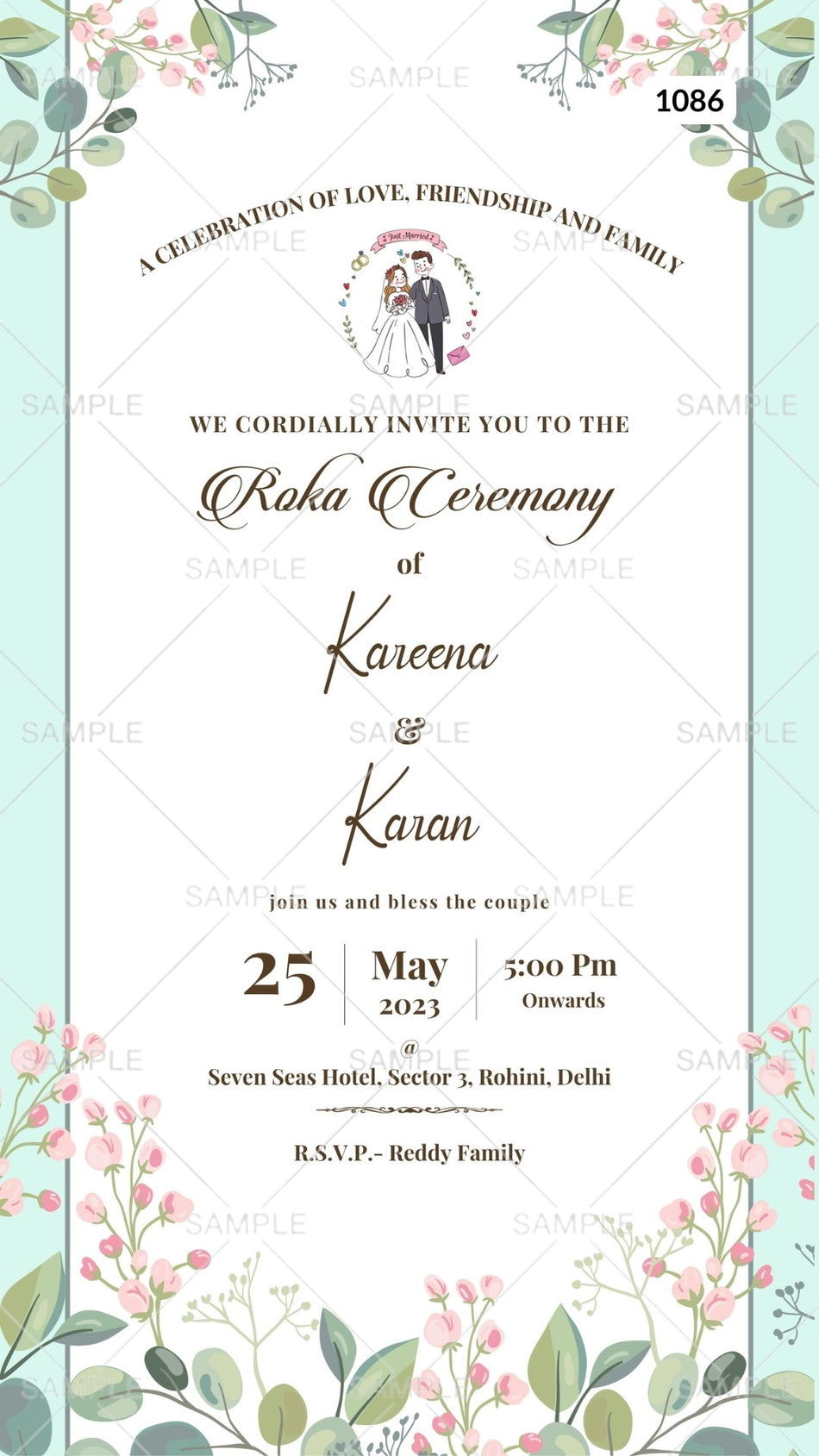 Roka ceremony invitation card Canva Editable Template for Punjabi family in english language with couple doodle, leaves as floral theme design 1086