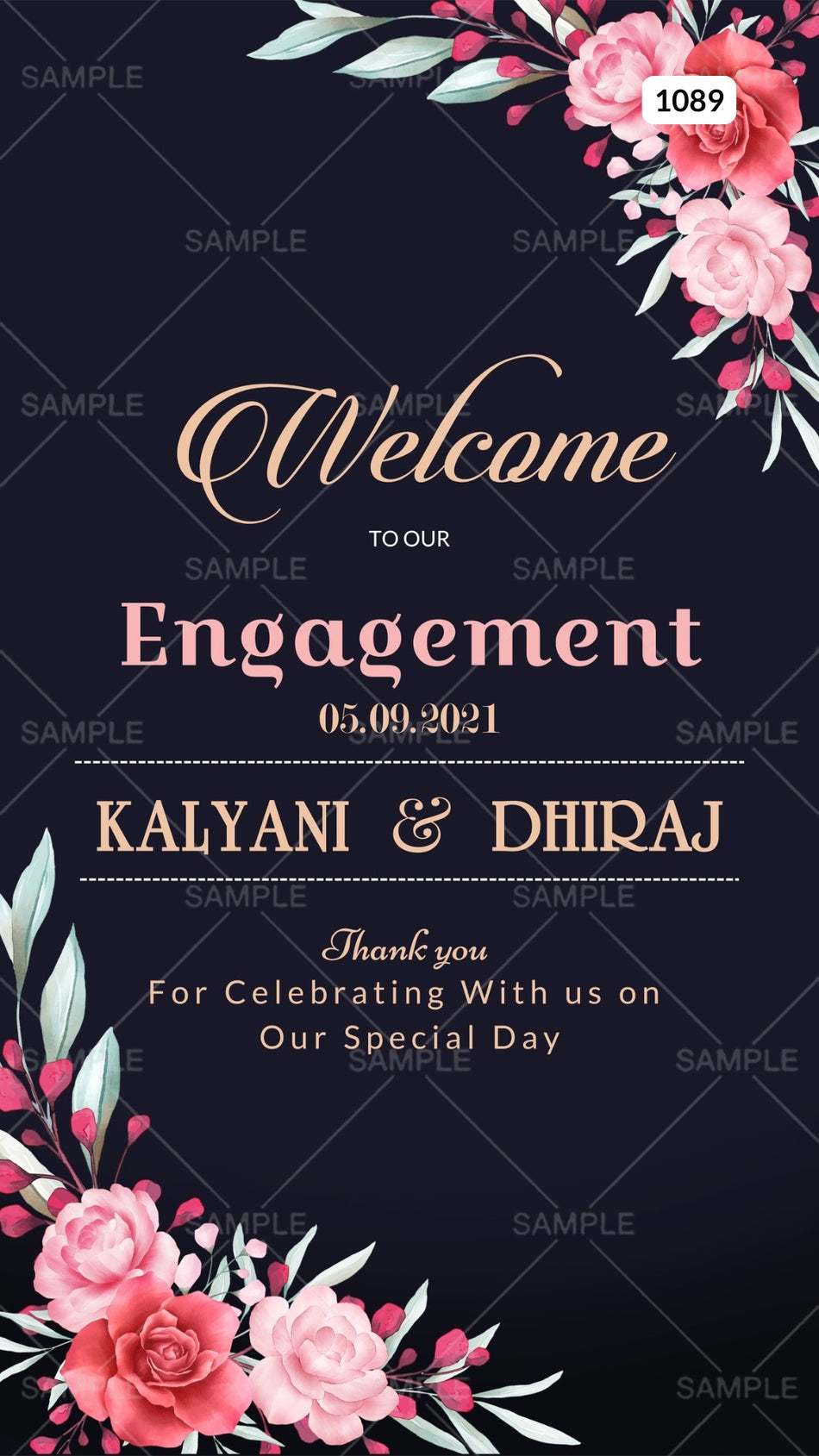 Engagement ceremony invitation card Canva Editable Template in english language with leaves as floral theme design 1089