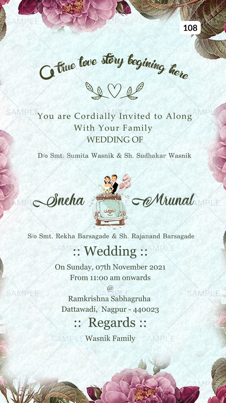 Wedding ceremony invitation card Canva Editable Template of hindu maharashtrian marathi family in english language with Floral theme design 108