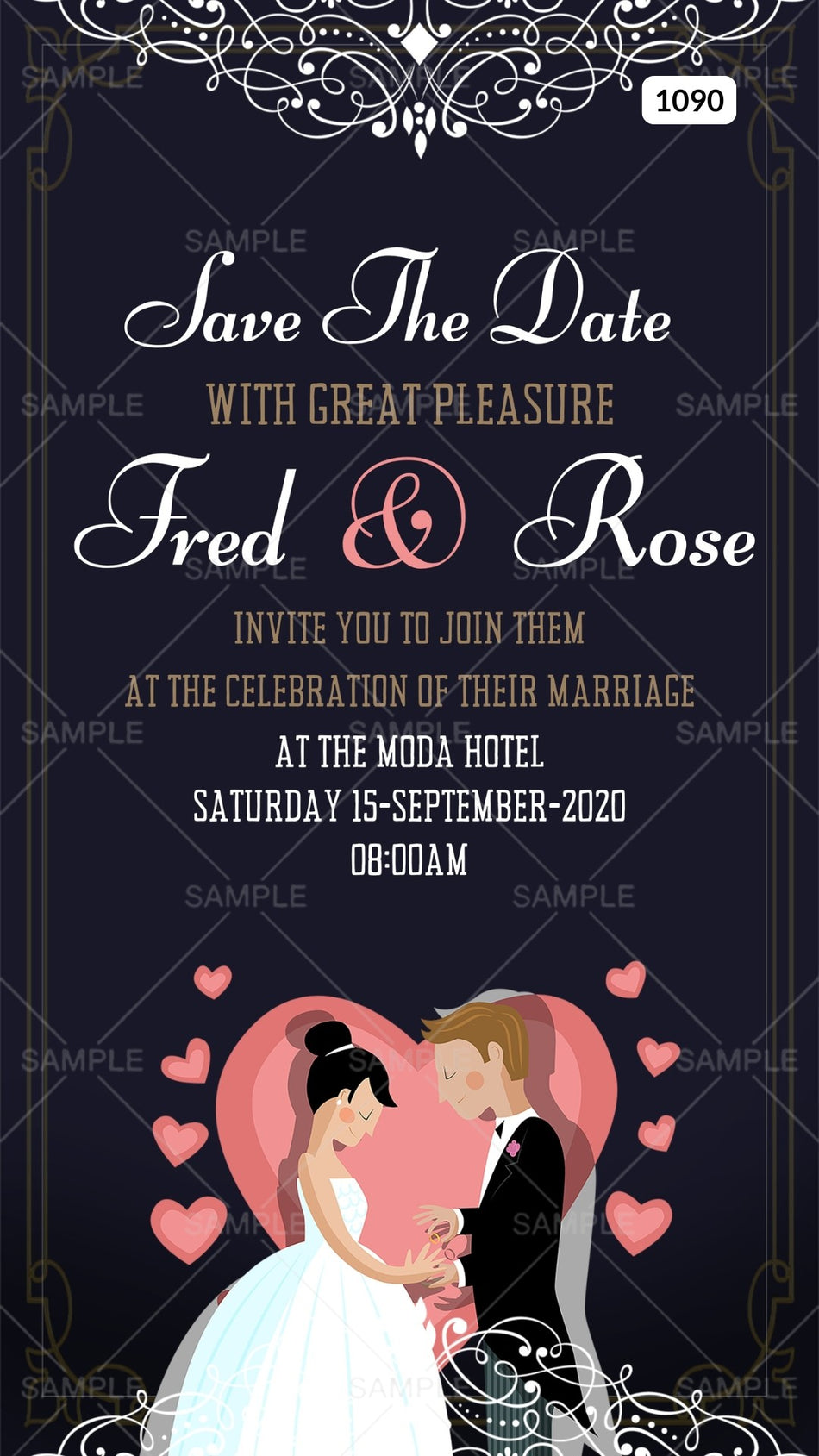 Save the Date card Canva Editable Template in english language with romantic couple doodle as minimalistic theme design 1090