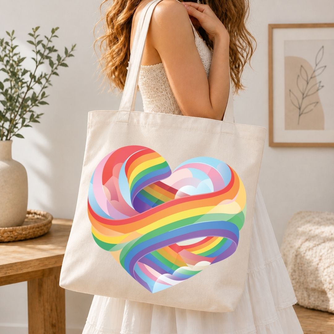 Person holding a tote bag with a rainbow heart design in a home setting.