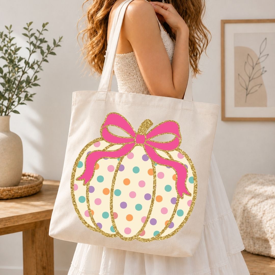 A woman wearing a white dress carries a cream canvas tote bag decorated with a glittery gold pumpkin outline, a bright pink bow, and pastel multicolor polka dots on the front, set against a warm, softly lit indoor background.