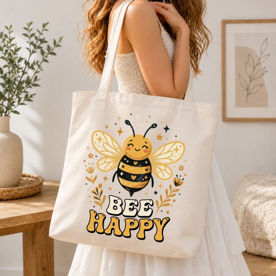 Person holding a tote bag with a bee design and 'Bee Happy' text in a home setting.