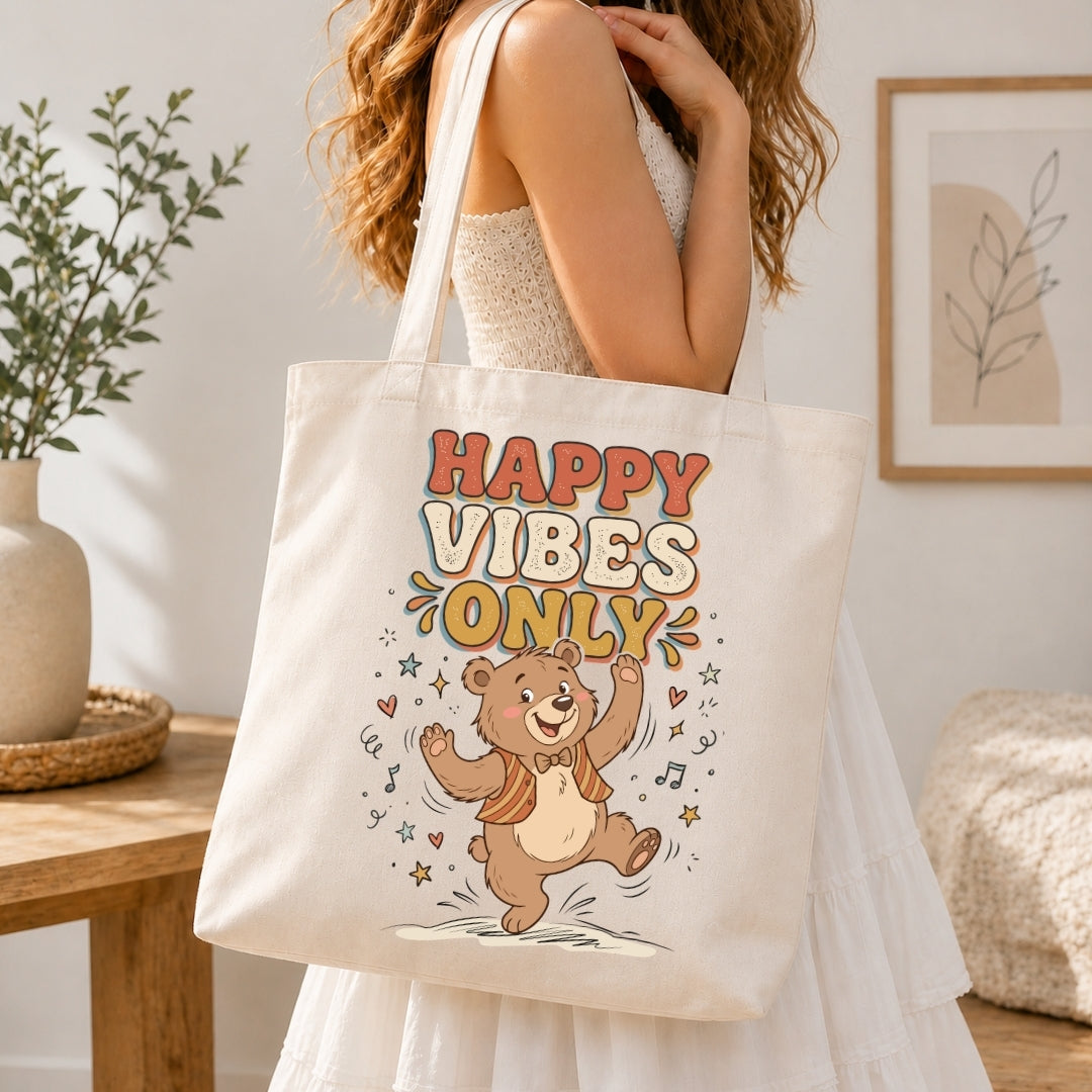 Person holding a tote bag with a bear illustration and 'Happy Vibes Only' text in a home setting.