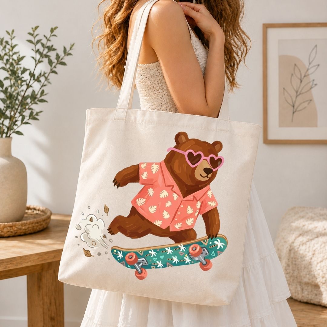 Tote bag with a bear design on a wooden table