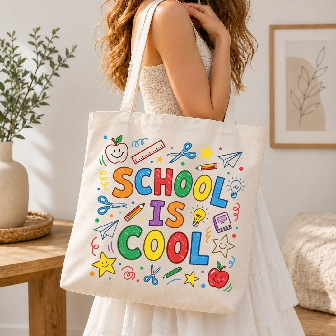 Person holding a tote bag with 'School is Cool' design in a home setting