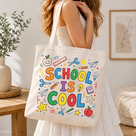 Person holding a tote bag with 'School is Cool' design in a home setting