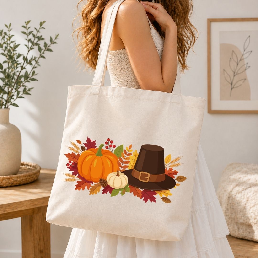 Person holding a tote bag with autumn design featuring pumpkins and a pilgrim hat.