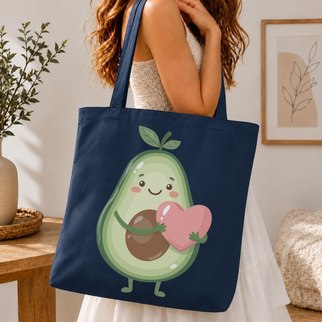 Person holding a navy tote bag with an avocado cartoon character holding a heart.